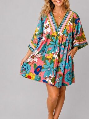 Vevert Tropical Floral Boho Tunic babydoll Dress or cover up